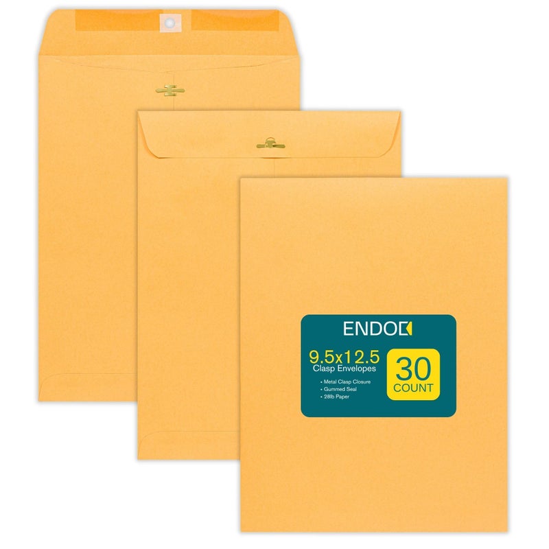 EnDoc Clasp Envelopes â€“ 9.5x12.5 Inches Brown Kraft Catalog Envelopes Letter Size - 30 Pack - with Clasp Closure & Gummed Seal â€“ 28lb Heavyweight Paper Envelopes for Home, Office, Business, Legal or School - Image 1